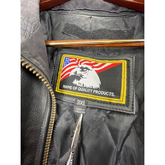 Vtg Name of Quality Products Leather Men L/XL Black Motorcycle Jacket Eagle Tag